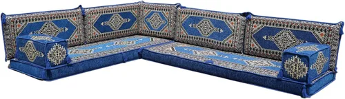 Vista 148 de arabicsofa Juego de asientos Jalsa en forma de L – Majlis árabe hecho a mano con almohadas de respaldo