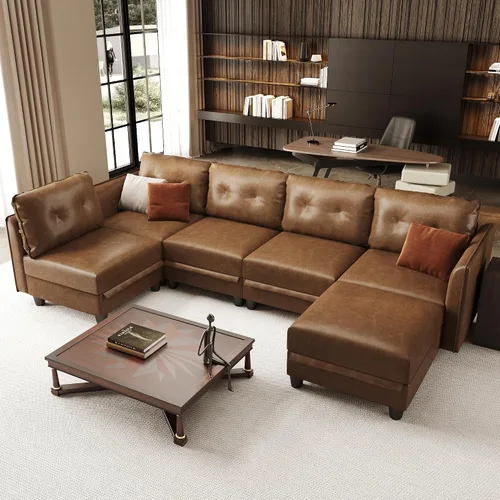 Vista 17 de LLappuil Sofá modular de cuero marrón Sofá seccional con almacenamiento