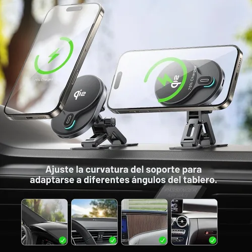Vista 4 de HURMAI Cargador de coche MagSafe Qi2 de 15 W, para tablero y ventilación de coche, soporte de teléfono inalámbrico para iPhone
