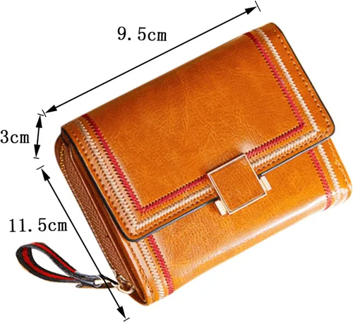 Vista 4 de PofeeXIO Cartera de cuero RFID para mujer con tarjetero triple plegable para mujer con correa de muñeca corta para mujer, cartera con múltiples