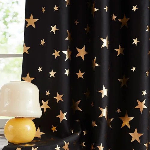 Vista 2 de Treatmentex Cortinas Blackout Completas Gold Star Negras para Dormitorio de Niños Varones, Paneles de Ventana con Acabado Metálico para Cuarto