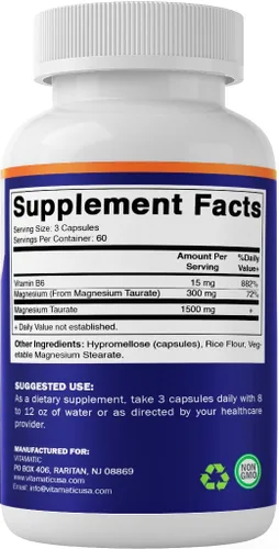 Vista 8 de Vitamatic Taurato de magnesio 1500 mg por porción - 180 cápsulas vegetarianas (proporciona 300 mg de magnesio elemental) - B6 añadido para una