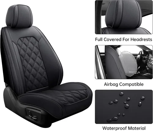 Vista 8 de Juego completo de 5 fundas de asiento de automóvil, fundas de asiento impermeables de cuero para autos, SUV, camiones, transpirables