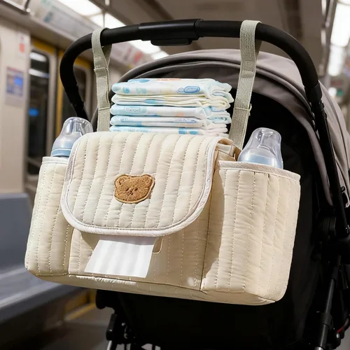 Vista 5 de Bolsa para cochecito, dispensador de pañuelos y toallitas integrado, 13.8 in, almacenamiento de cochecito para niños, dispensador de toallitas