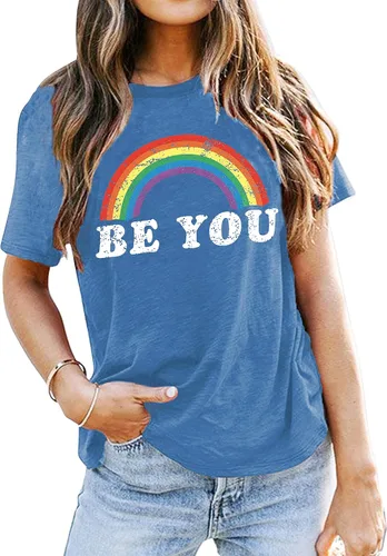 Vista 14 de Camisa de arcoíris para mujer, camiseta de orgullo con estampado de arco iris, camisetas casuales de manga corta Beyou-negro