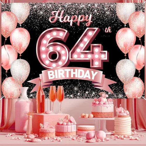 Vista 171 de Cartel de feliz cumpleaños décimo oro rosa, telón de fondo, saludos a 10 años, globos de confeti, decoración temática para niñas de 10 años