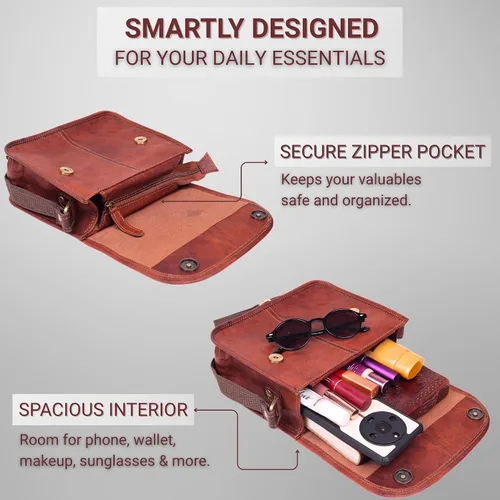 Vista 5 de 9" Small Leather Crossbody Bags for Women Genuine Brown Leather Purse, Cute Shoulder Handbag, Vintage Cross Body Mini Bag