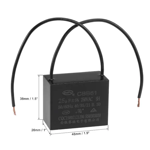 Vista 2 de uxcell Condensador de ventilador de techo CBB61 25uF 250V AC 2 alambres condensador de película de polipropileno metalizado 1.890x1.496x1.024 in