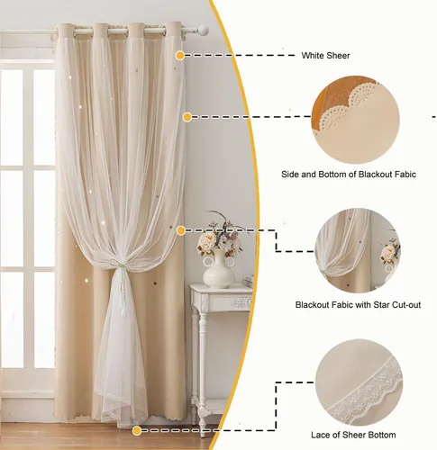 Vista 4 de Cortinas opacas con recortes de estrellas para dormitorio de niñas y niños, cortina de doble capa con aislamiento térmico y superposición