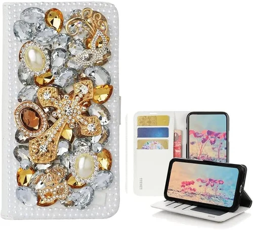 Vista 11 de Bling - Funda tipo cartera para teléfono compatible con Samsung Galaxy Z Fold 3 5G, elegante, hecha a mano, atrapasueños con colgante de perlas