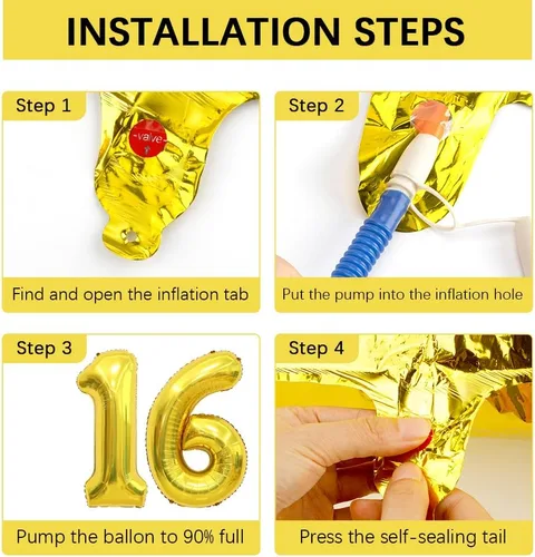 Vista 3 de Globos dorados de 40 pulgadas con números y letras del número 16, decoraciones de cumpleaños de 16 para niños, globos del número 6 y 1 incluidos Oro