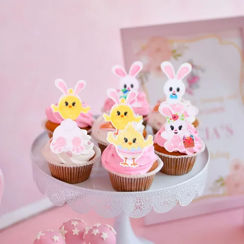 Vista 7 de Gyufise Paquete de 24 adornos para cupcakes de Pascua con diseño de conejo, conejo, huevo, pollo, cupcakes, temática de Pascua, baby shower, niños