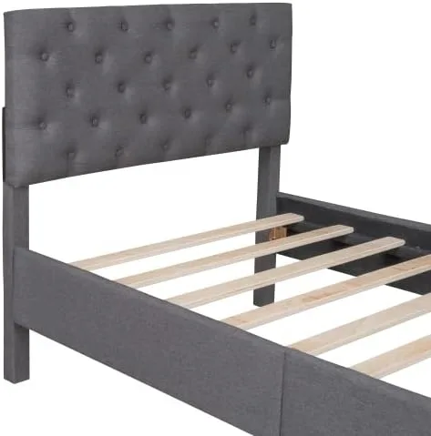 Vista 4 de Marco de cama de plataforma de tamaño individual, marco de cama tapizado de lino de diseño moderno con cabecera copetuda, cama de almacenamiento