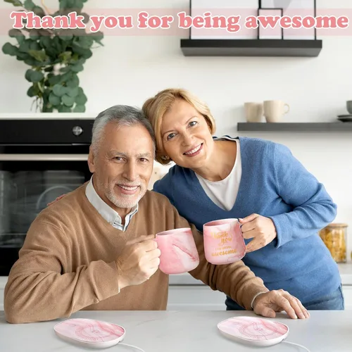 Vista 6 de Nitial Calentador de Café de Agradecimiento con Juego de Taza para Mujeres Taza de Mármol Rosa Placa Calentadora de Tazas Regalo de Agradecimiento
