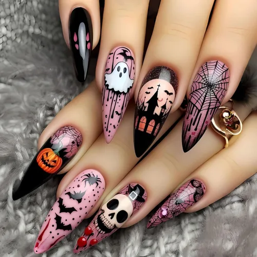 Vista 11 de Paquete de 6 144 uñas acrílicas de Halloween a presión, uñas postizas reutilizables de cobertura completa, uñas postizas adhesivas con pegamento