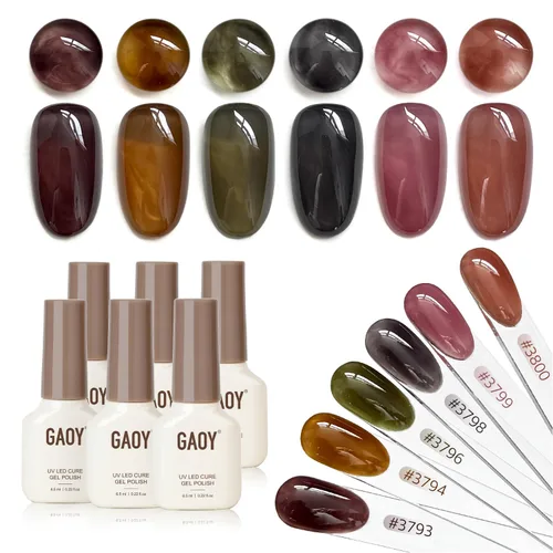 Vista 8 de GAOY Esmalte de uñas en gel oscuro de 6 colores gelatina lechosa marrón verde negro, kit de esmalte en gel para manicura de salón y nail art