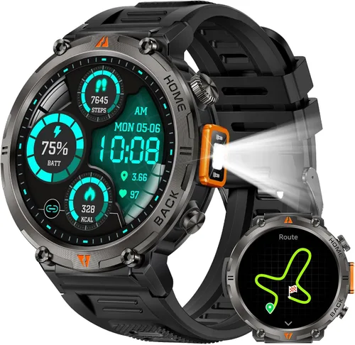 Vista 21 de Reloj inteligente militar para hombres táctico resistente Bluetooth llamada Negro