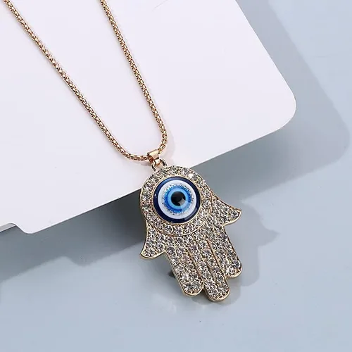 Vista 2 de Caiyao Collar con colgante de corazón de Disc Hamsa con dije de ojo contra el mal de ojo emo, collar de cadena de cristal con diamantes de imitación