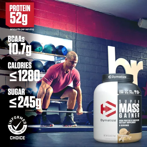 Vista 3 de Dymatize Super Mass Gainer Proteína en Polvo, 1290 Calorías y 52g de Proteína, Se Mezcla Fácilmente, Sabor Delicioso, Guijarros Afrutados, 6 Libras