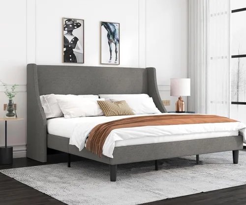 Vista 3 de Allewie Marco de Cama de Plataforma Tamaño King con Cabecera Tapizada, Respaldo Wingback Moderno de Lujo, Soporte de Listones de Madera, Base