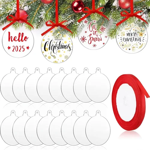 Vista 7 de Blulu 42 piezas de adornos acrílicos en blanco, adornos redondos transparentes, guirnalda plana de Navidad, adorno colgante con agujero y cinta