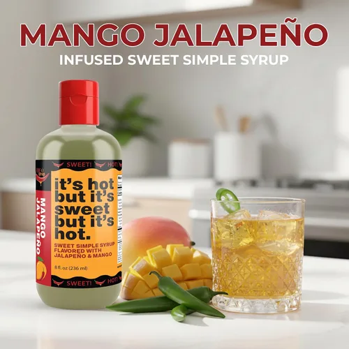 Vista 3 de Fire Syrup - Jarabe simple de mango y jalapeño - ¡Está caliente pero es dulce pero está caliente! - Botella de 8 onzas de jarabe simple con infusión