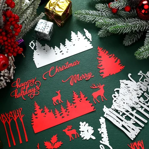 Vista 2 de Lasnten Troqueles de Navidad con temática navideña, troqueles de corte de metal para hacer tarjetas, palabras de Feliz Navidad, troquelados, álbumes