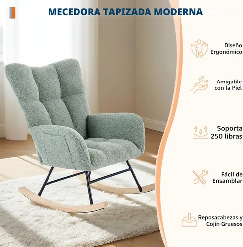 Vista 6 de Mecedora deslizadora tapizada con patas de madera para sala de estar, dormitorio, cuarto de bebé, incluye bolsillos laterales