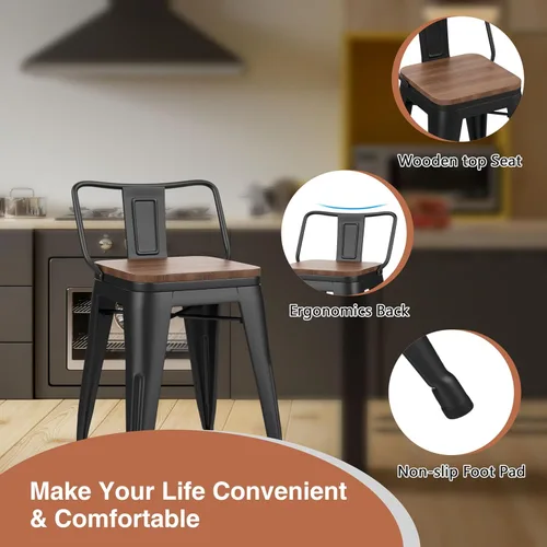 Vista 4 de Changjie Furniture - Juego de 4 sillas altas de metal con diseño industrial para barra de cocina o bar con respaldo bajo, Metal, Negro, 18 pulgadas