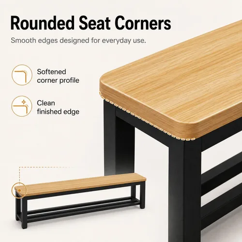 Vista 3 de Banco largo de madera, banco de 2 capas, silla de asiento resistente con estante de almacenamiento de zapatos y marco de acero para interiores