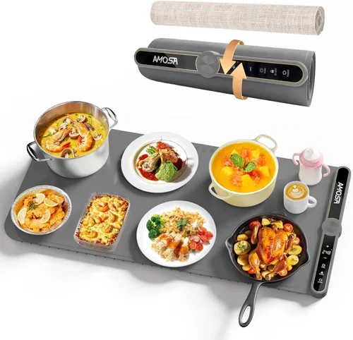 Vista 12 de Nuevo Tapete de Calentamiento de Alimentos con Cargador Inalámbrico, 34"x15" Extra Grande Enrollable Calentador de Alimentos, Tapete