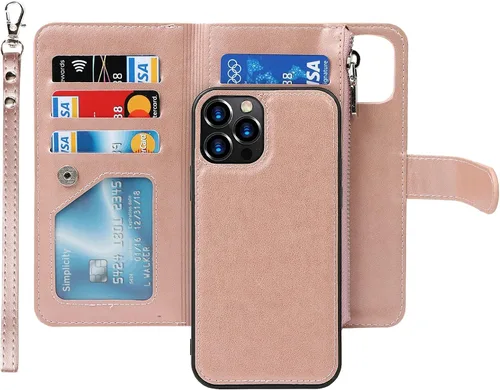 Vista 11 de iCoverCase Compatible con iPhone 13 Pro Max - Funda tipo cartera para teléfono con tarjetero, piel sintética, bolsillo con cremallera, magnética