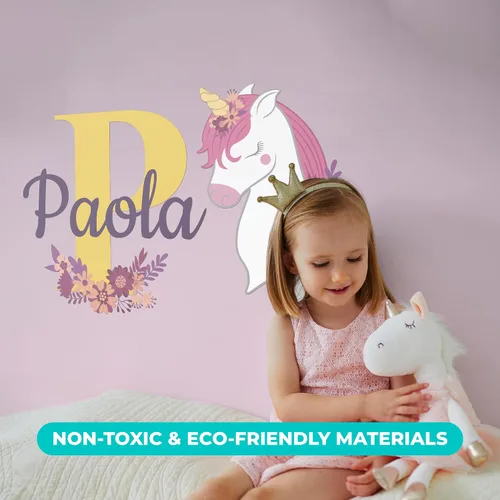Vista 5 de EGD Nombre personalizado y unicornio inicial con decoración de pared de flores, calcomanías de pared de unicornio I Fancy Font I Decoración de pared