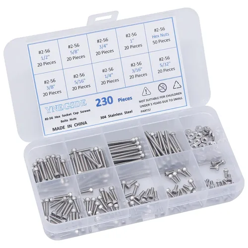 Vista 3 de Kit surtido de tornillos de cabeza hexagonal, tornillos y tuercas 2-56 UNC, kit surtido de tornillos de máquina 304 de acero inoxidable 304, rosca