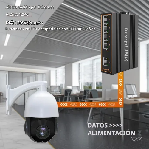 Vista 3 de Interruptor PoE industrial de 5 puertos no gestionado, interruptor de riel DIN Fast Ethernet de 125 W, IP40, rango de temperatura de funcionamiento