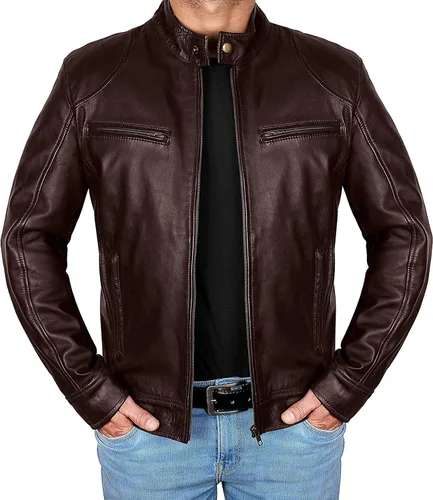 Vista 6 de Cafe Racer Chaqueta De Cuero Marrón Hombres - Chaqueta Biker De Cuero De Cordero Real Marrón Negro (Black Rider)