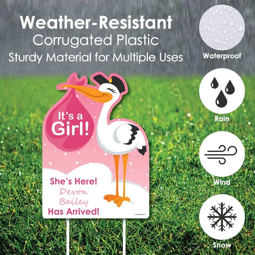 Vista 4 de Big Dot of Happiness Letrero de llegada de bebé personalizado con texto en inglés «It's A Girl Stork»
