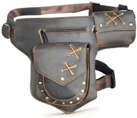 Vista 8 de Lona resistente al agua más cuero motocicleta riñonera un hombro gota pierna muslo bolsa para hombres mujeres N211-8, Marrón, Estilo vintage retro