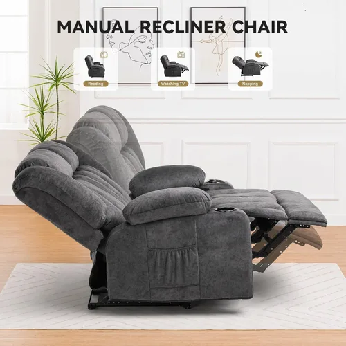 Vista 6 de COMHOMA Juegos de muebles de sala de estar, sofá reclinable manual, sofá reclinable de tela de 2 asientos, respaldo ergonómico con portavasos