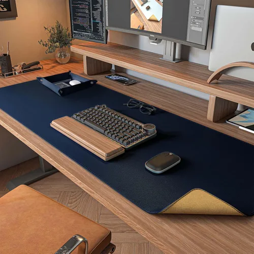 Vista 8 de DAWNTREES - Tapete de escritorio a doble cara, almohadilla de escritorio de cuero, negro 35.5"x17", protector de escritorio de corcho