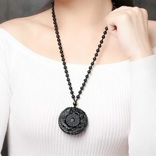 Vista 7 de Collar de obsidiana negra con dije de protección de amuleto de la suerte con cadena de cuentas extendida, piedra de cristal curativa, collares