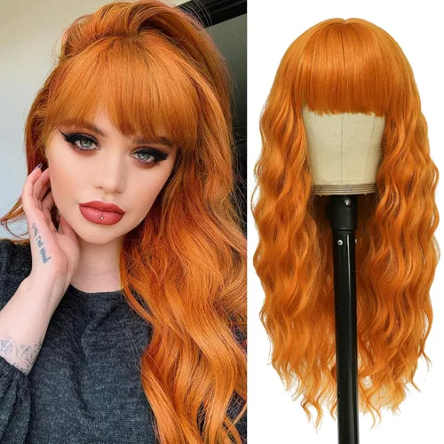Vista 8 de VERNA - Peluca rubia con flequillo, peluca sintética de aspecto natural, rizada, ondulada de 26 pulgadas, resistente al calor, estilo de parte media