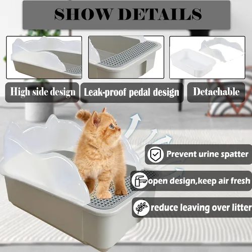 Vista 3 de kathson Caja de arena abierta para gatos con lado alto, bandeja de arena para gatos antisalpicaduras, inodoro para gatitos con cuchara de tamizar