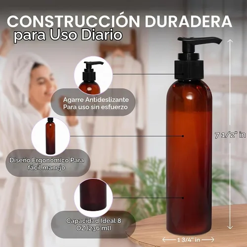 Vista 3 de BRIGHTFROM Botellas con bomba de loción, vacíos de 8 onzas, recipientes de plástico recargables sin BPA, ámbar con dispensador negro para jabón