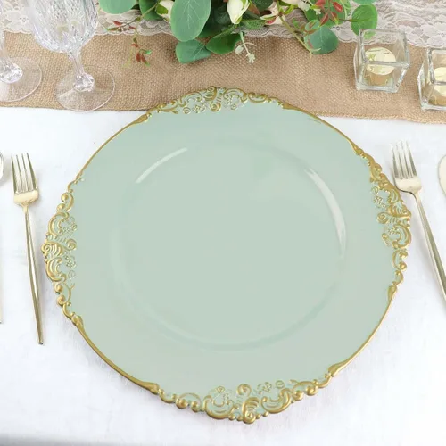 Vista 14 de Tableclothsfactory Paquete de 6 platos barrocos redondos de oro transparente de 13 pulgadas, borde en relieve de hojas para decoración de mesa