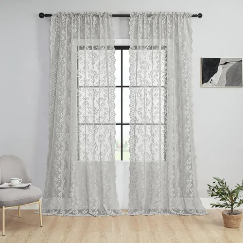 Vista 17 de Cortinas de encaje floral victoriano transparentes - 45 pulgadas de largo, 2 paneles, bolsillo para barra de cocina estilo cafetería, filtro de luz