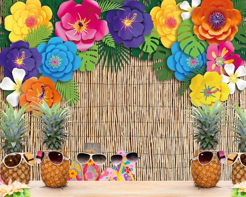 Vista 3 de VitalCozy Telón de fondo hawaiano para fotografía de playa de 7 x 5 pies, decoración de fiesta de Aloha Luau, flores de hibisco tropical, hojas