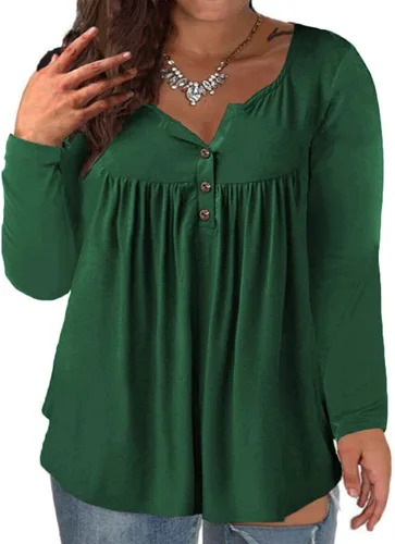 Vista 10 de VISLILY - Camisas tipo túnica de mujer, de manga larga, estilo Henley, talla plus, blusas con botones y plisadas 01_ negro