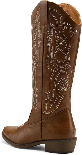 Vista 6 de mysoft Botas vaqueras para mujer de media pantorrilla bordadas estilo occidental de punta puntiaguda con tacón grueso tipo pull-on hasta la rodilla