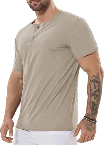 Vista 2 de Camisa Henley de ajuste seco para hombre, ropa de gimnasio, camiseta de entrenamiento de manga corta, camiseta atlética clásica y casual
